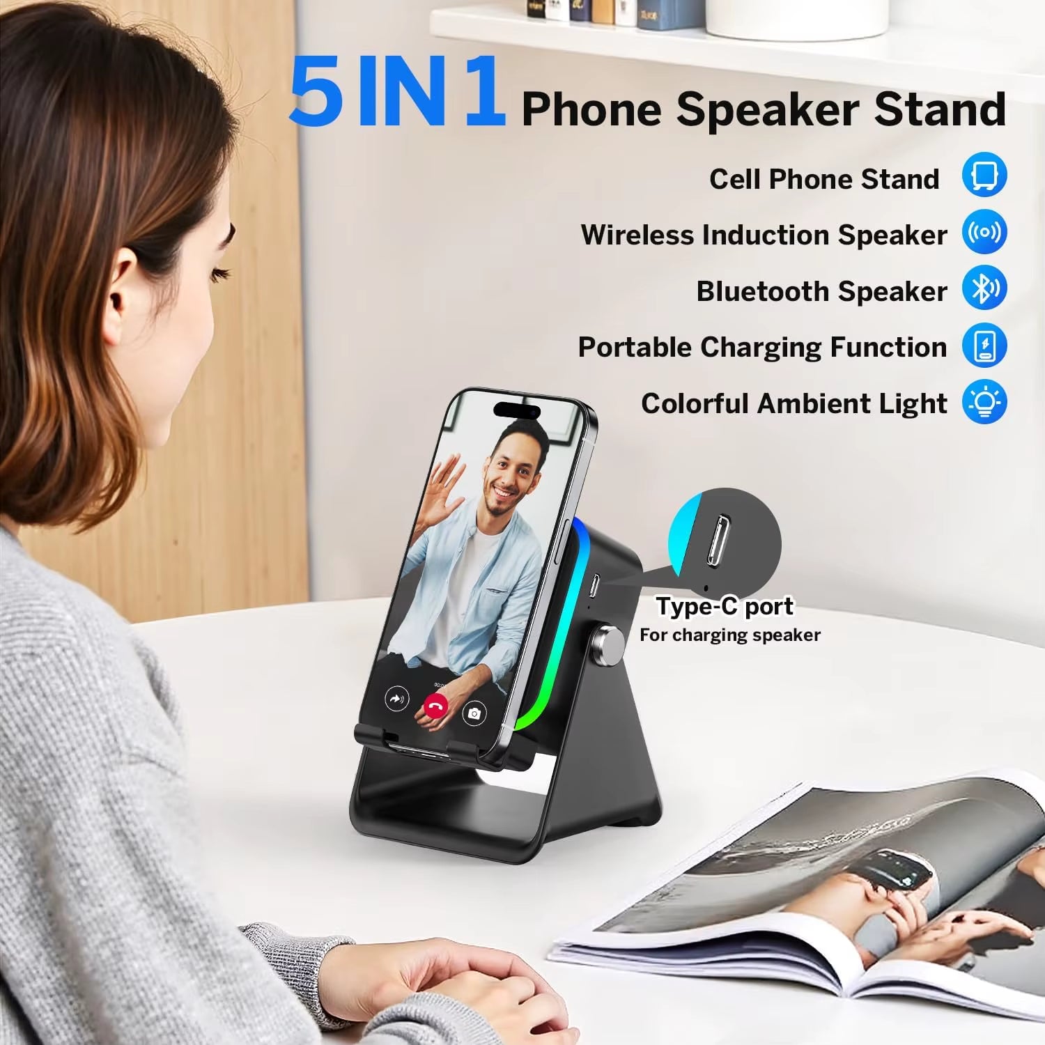 Revolutionary 5-in-1 Wireless Induction Speaker with RGB Lighting - Portable Bluetooth Phone Stand & Surround Sound!