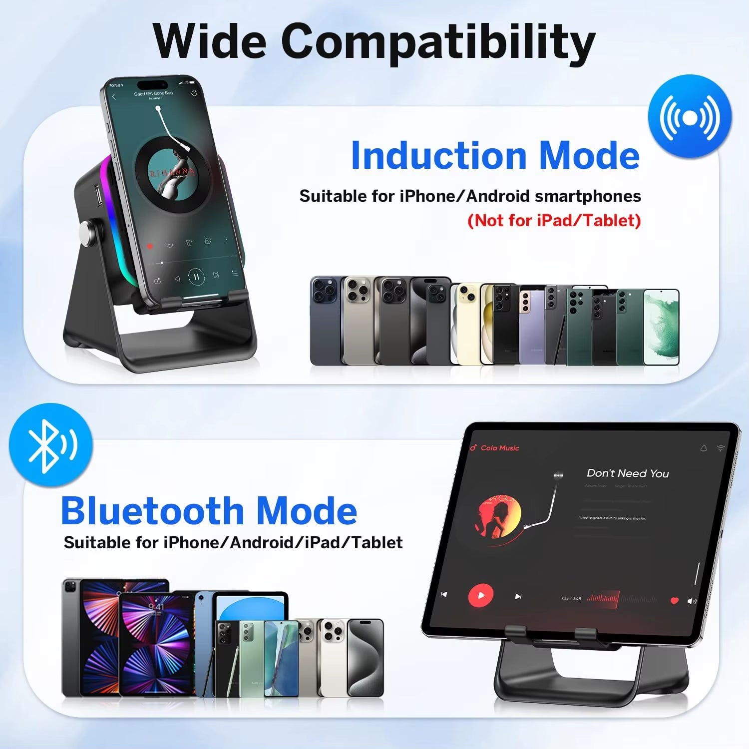 Revolutionary 5-in-1 Wireless Induction Speaker with RGB Lighting - Portable Bluetooth Phone Stand & Surround Sound!